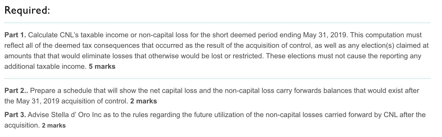 Required: Part 1. Calculate CNLs taxable income or non-capital loss for the short deemed period ending May 31, 2019. This co