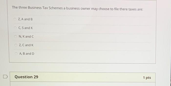 The three Business Tax Schemes a business owner may choose to file there taxes are: Z, A and B CS and K N, K and C Z. Cand K