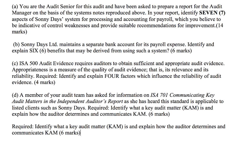 (a) You are the Audit Senior for this audit and have been asked to prepare a report for the Audit Manager on the basis of the