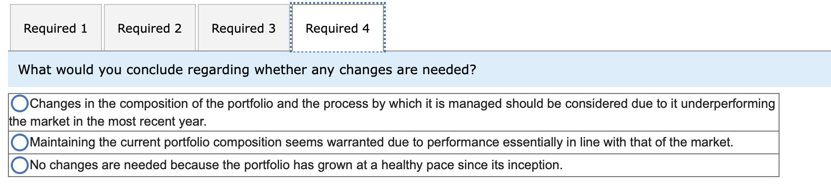 Required 1 Required 2 Required 3 Required 4 What would you conclude regarding whether any changes are needed? Changes in the