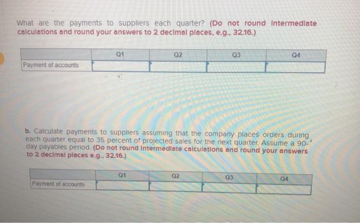 What are the payments to suppliers each quarter? (Do not round Intermediate calculations and round your answers to 2 decimal