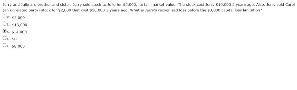 Jerry and Julie are brother and sister. Jerry sold stock to Julie for $5,000, its fair market value. The stock cost Jerry $10,000 5 years ago. Also, Jerry sold Caroln(an unrelated party) stock for $2,000 that cost $10,000 3 years ago. What is Jerrys recognized loss before the $3,000 capital loss limitation?n9na. $5,000nOb. $13,000nO c. $14,000nOd. $0nOe. $8,000