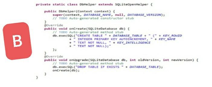private static class DbHelper extends SQLiteOpenHelper { public DbHelper (Context context) { super(context, DATABASE_NAME, nu