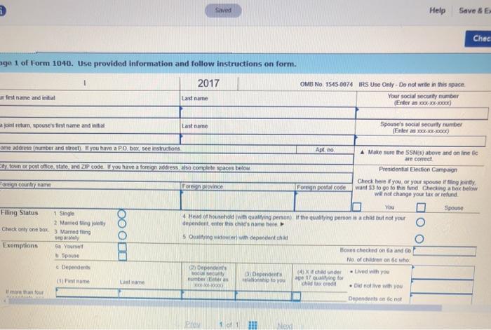 age 1 of Form 1040. Use provided information and follow instructions on form. 2017 ur first name and initial