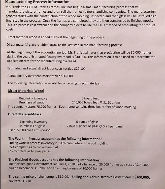 in Manufacturing Process Information Mr. Frank, the CEO of Franks Frames, Inc. has begun a small manufacturing process that