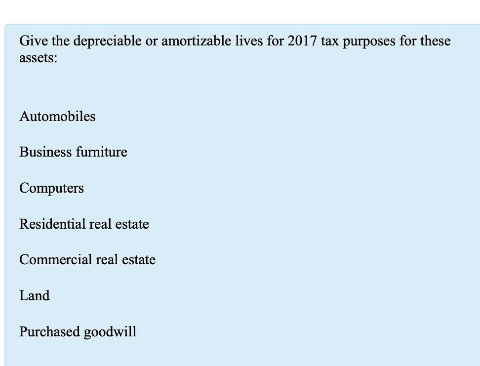 Give the depreciable or amortizable lives for 2017 tax purposes for thesenassets:nAutomobilesnBusiness furniturenComputersnRe