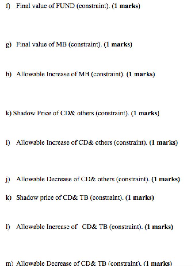 f) Final value of FUND (constraint). (1 marks) g) Final value of MB (constraint). (1 marks) h) Allowable Increase of MB (cons