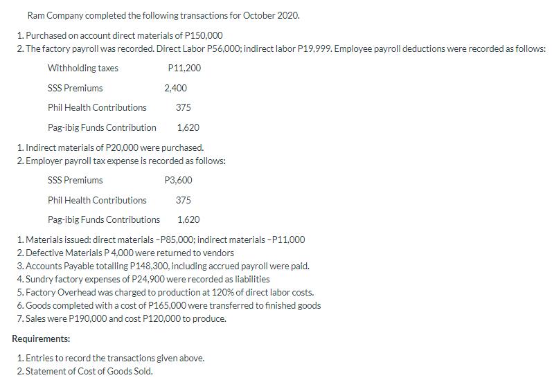 Ram Company completed the following transactions for October 2020. 1. Purchased on account direct materials of P150,000 2. Th