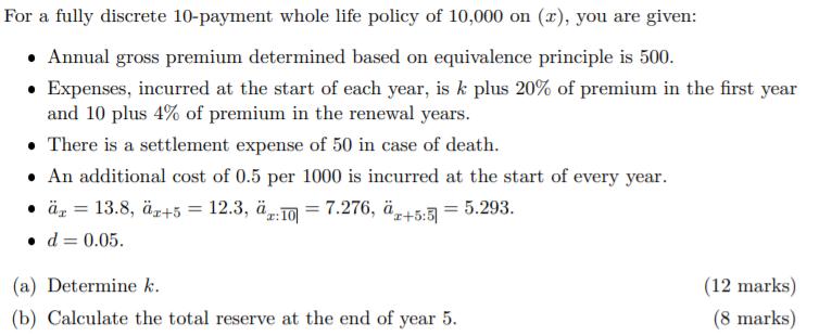 For a fully discrete 10-payment whole life policy of 10,000 on (r), you are given:  Annual gross premium