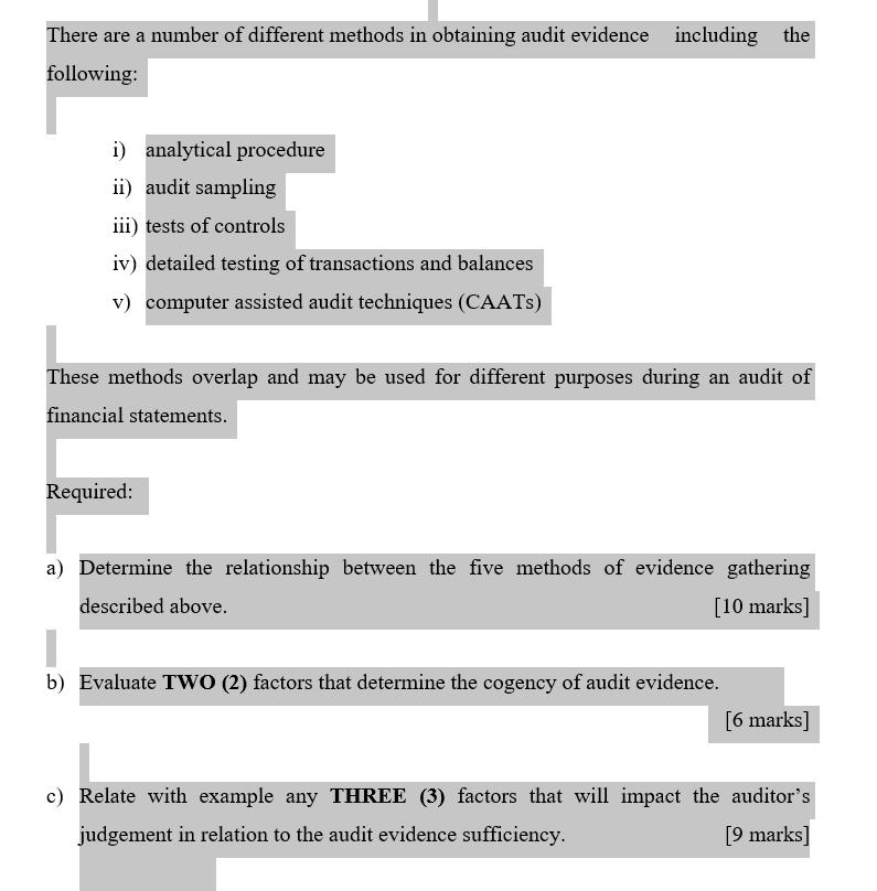 There are a number of different methods in obtaining audit evidence including the following: i) analytical procedure ii) audi