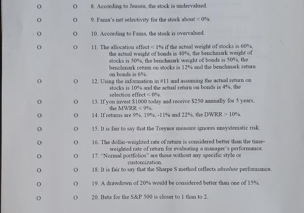 O O8. According to Jensen, the stock is undervalued. OO 9. Famas net selectivity for the stock about <0%. O0 10. Accordin