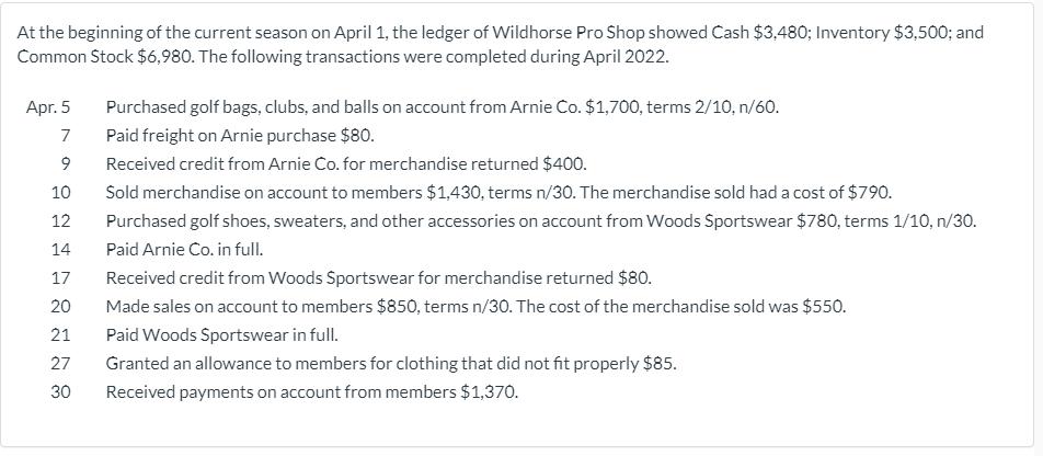 At the beginning of the current season on April 1, the ledger of Wildhorse Pro Shop showed Cash $3,480; Inventory $3,500; and