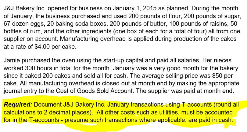 J&J Bakery Inc. opened for business on January 1, 2015 as planned. During the month of January, the business purchased and us