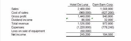 Sales Cost of sales Gross profit Dividend income Total revenue Expenses Loss on sale of equipment Net income Hotel De Luna Da