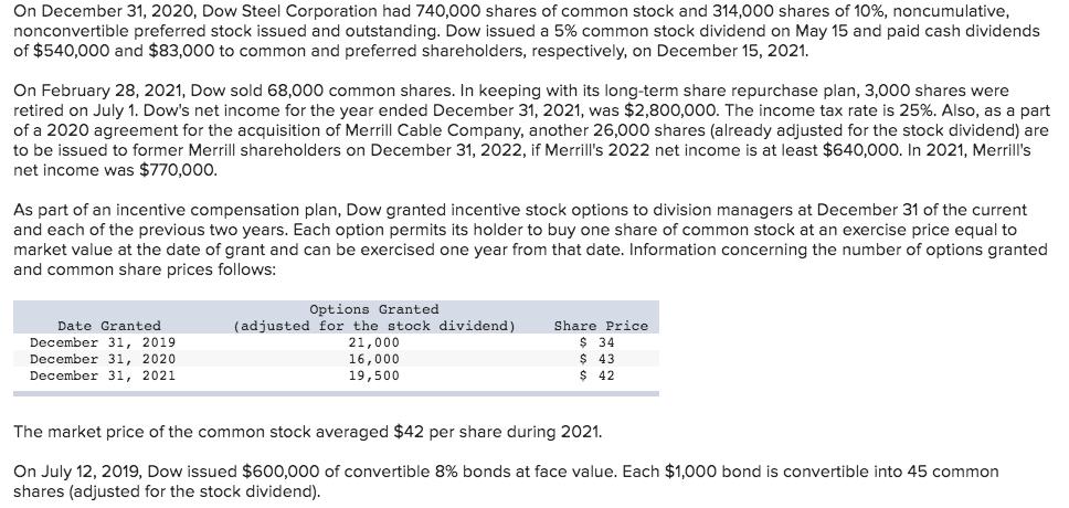 On December 31, 2020, Dow Steel Corporation had 740,000 shares of common stock and 314,000 shares of 10%, noncumulative, nonc