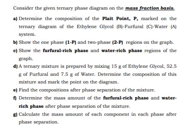 Consider the given ternary phase diagram on the mass fraction basis. a) Determine the composition of the Plait Point, P, mark