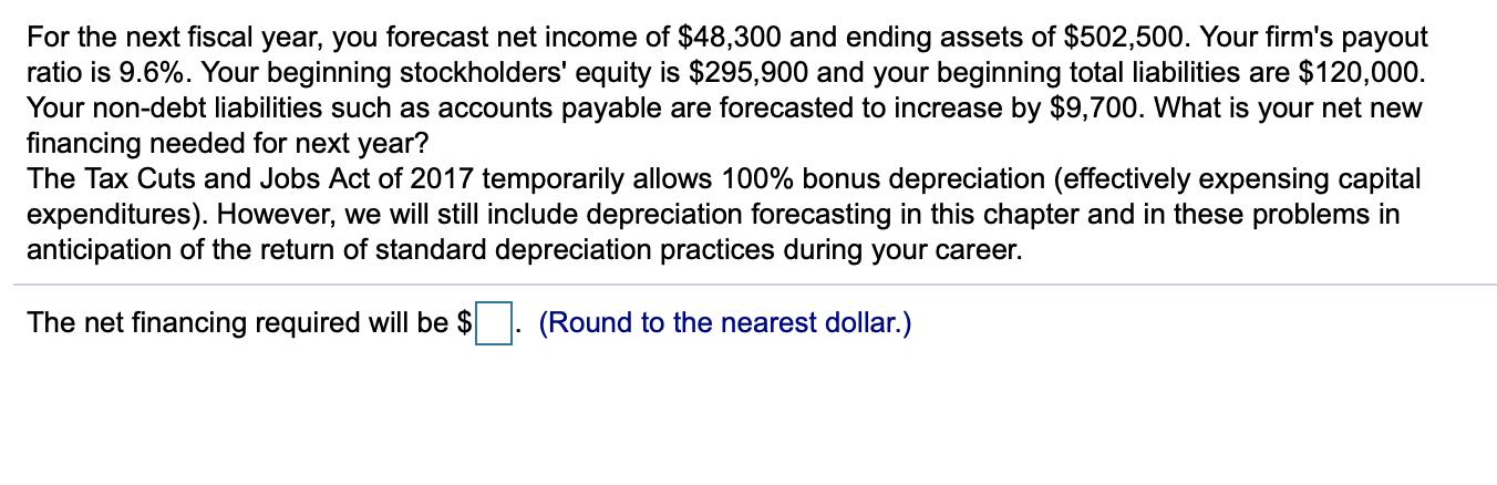 For the next fiscal year, you forecast net income of $48,300 and ending assets of $502,500. Your firms payout ratio is 9.6%.