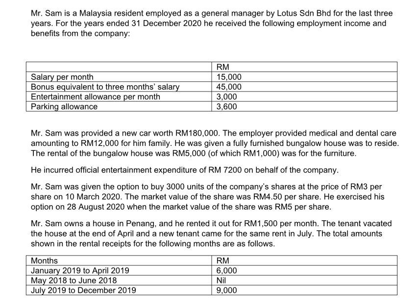 Mr. Sam is a Malaysia resident employed as a general manager by Lotus Sdn Bhd for the last three years. For the years ended 3