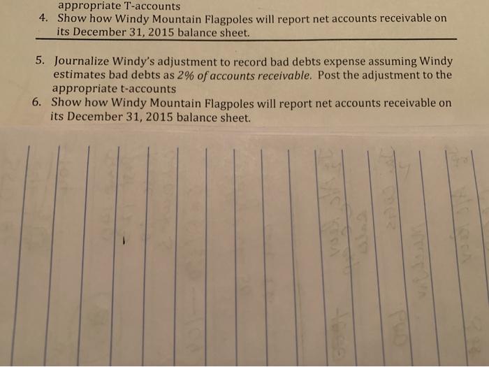 appropriate T-accounts 4. Show how Windy Mountain Flagpoles will report net accounts receivable on its December 31, 2015 bala