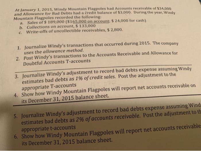 At January 1, 2015, Windy Mountain Flagpoles had Accounts receivable of $34.000 and Allowance for Bad Debts had a credit bala