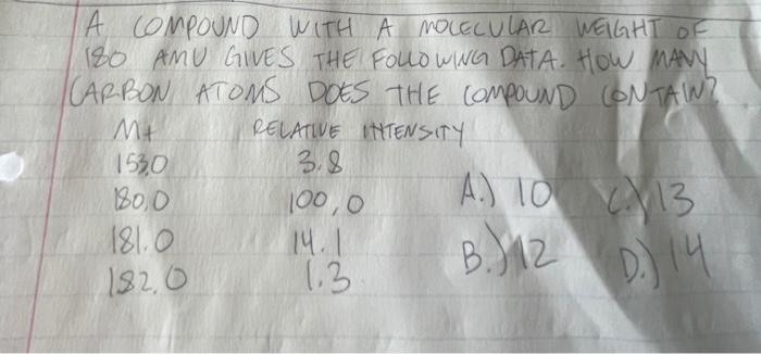 A COMPOUND WITH A MOLECULAR WEIGHT of 180 AMU GIVES THE FOLLOWING DATA. HOW MANY ICARBON ATOMS DOES THE COMPOUND CONTAIN? Mt 