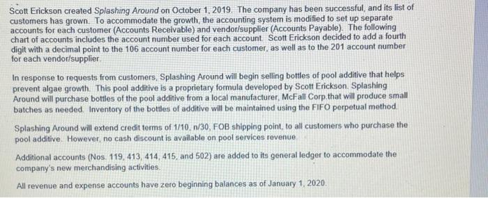 Scott Erickson created Splashing Around on October 1, 2019. The company has been successful, and its list of customers has gr