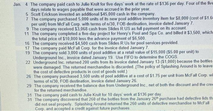 Jan. 4 The company paid cash to Julie Kruit for five days work at the rate of $136 per day. Four of the five days relate to
