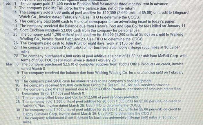 Feb. 1 The company paid $2,400 cash to Fashion Mall for another three months rent in advance. 3 The company paid McFall Corp