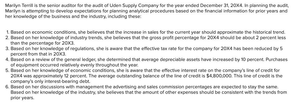 Marilyn Terrill is the senior auditor for the audit of Uden Supply Company for the year ended December 31, 20X4. In planning