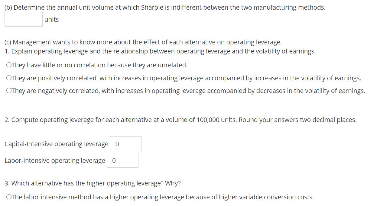 (b) Determine the annual unit volume at which Sharpie is indifferent between the two manufacturing methods. units (C) Managem