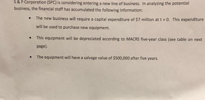 S & P Corporation (SPC) is considering entering a new line of business. In analyzing the potential business, the financial st