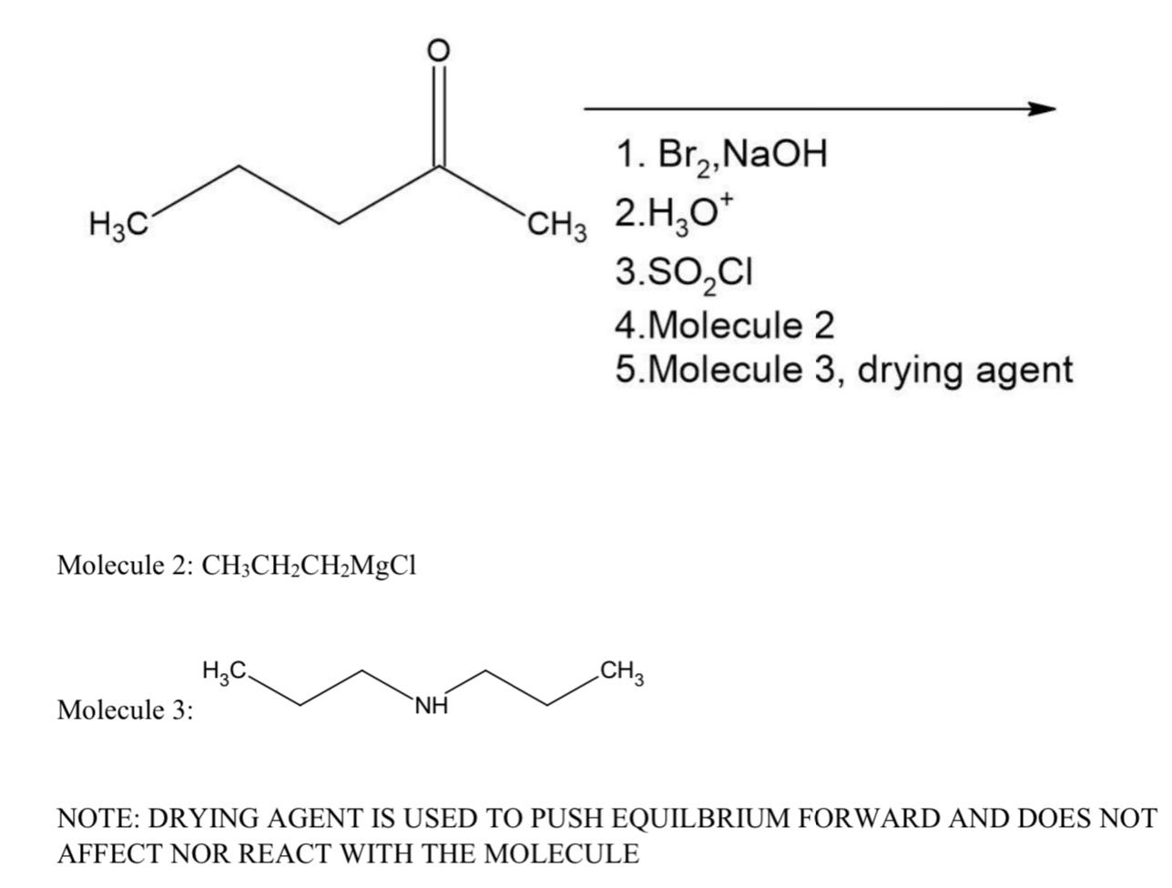 1. Br,NaOH H3C CH3 2.H20+ 3.SO CI 4. Molecule 2 5. Molecule 3, drying agent Molecule 2: CH3CH2CH2MgCl CHZ ?.?. Molecule 3: NH