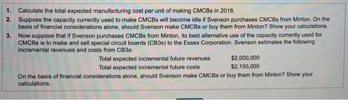 1. Calculate the total expected manufacturing cost per unit of making CMCBs in 2018. 2. Suppose the capacity currently used t