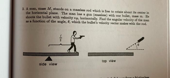 A man, mass M, stands on a massless rod which is free to rotate about its center in the horizontal plane. The man has a gun (