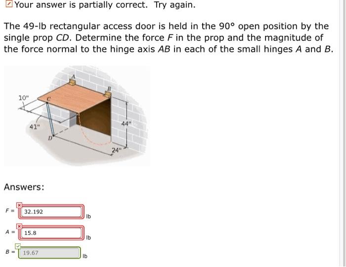 Your answer is partially correct. Try again. The 49-lb rectangular access door is held in the 90? open position by the single
