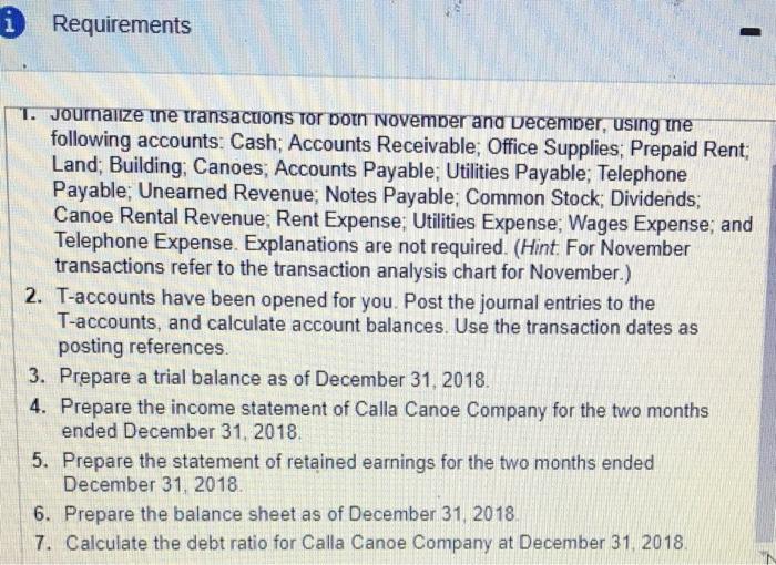 Requirements T. JOurnaize tne transacuons Tor Dotn Novemper ana December, using tne following accounts: Cash; Accounts Receiv
