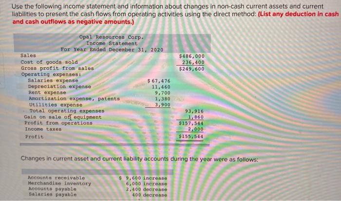 Use the following income statement and information about changes in non-cash current assets and current liabilities to presen