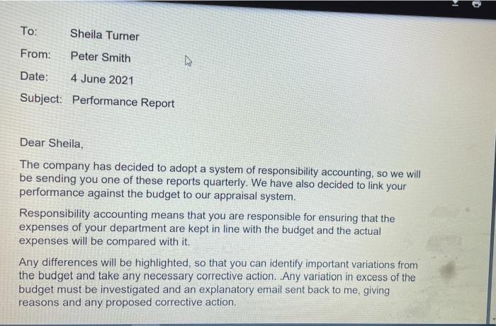 To: Sheila Turner From: Peter Smith Date: 4 June 2021 Subject: Performance Report Dear Sheila, The company has decided to ado