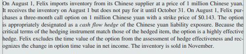 On August 1, Felix imports inventory from its Chinese supplier at a price of 1 million Chinese yuan. It receives the inventor