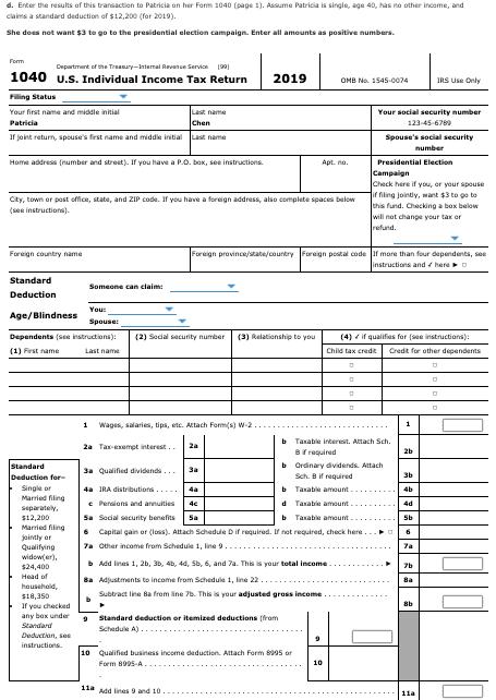 d. Enter the results of this transaction to Patricia on her Form 1040 (page 1). Assume Patricia is single, age 40, has no oth