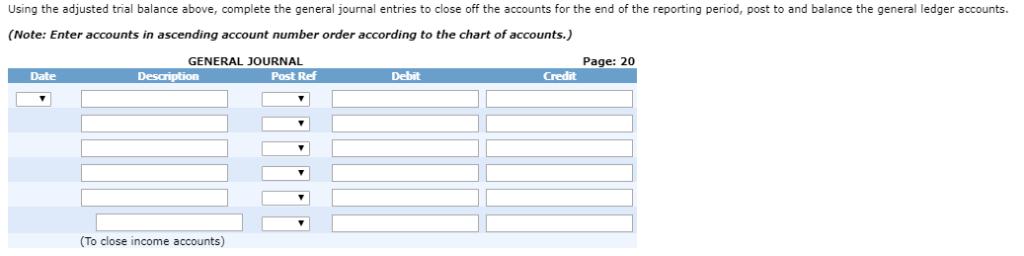 Using the adjusted trial balance above, complete the general journal entries to close off the accounts for the end of the rep