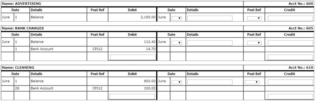 Acct No.: 600 Name: ADVERTISING Date Details June 1 Balance Post Ref Debit Date Details Post Ref Credit 2,150.00 June Name: B