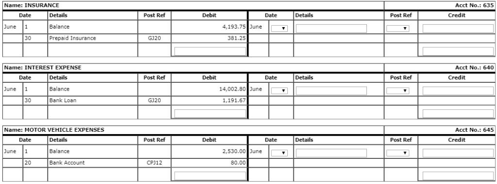 Acct No.: 635 Name: INSURANCE Date Details Post Ref Debit Date Details Post Ref Credit Balance 4,193.75 June June 1 30 Prepai
