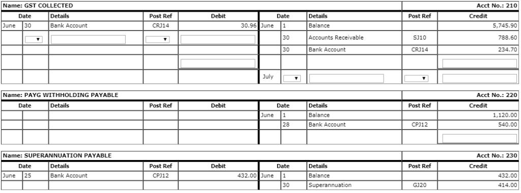 Name: GST COLLECTED Acct No.: 210 Date Details Post Ref Debit Date Post Ref Credit Details Balance June 30 Bank Account CRJ14