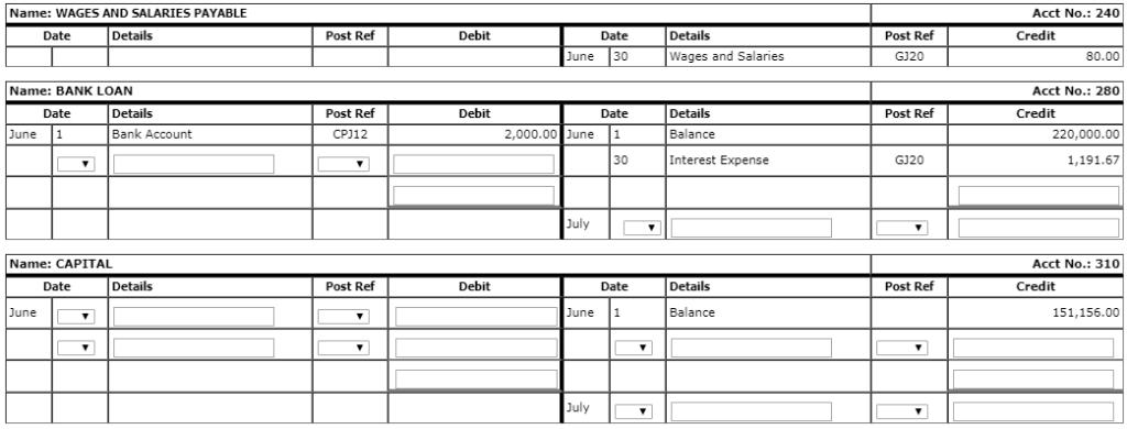 Name: WAGES AND SALARIES PAYABLE Date Details Post Ref Debit Date June 30 Details Wages and Salaries Post Ref GJ20 Acct No.: