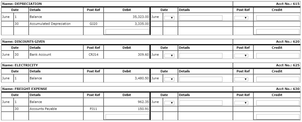 Acct No.: 615 Name: DEPRECIATION Date Details Post Ref Debit Date Details Post Ref Credit June 1Balance 35,323.00 June 30 Ac