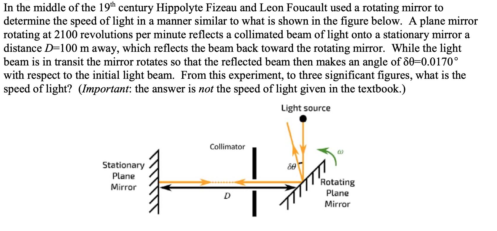 In the middle of the 19th century Hippolyte Fizeau and Leon Foucault used a rotating mirror to determine the speed of light i