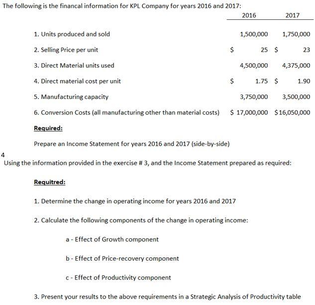 The following is the financal information for KPL Company for years 2016 and 2017: 2016 2017 1. Units produced and sold 1,500