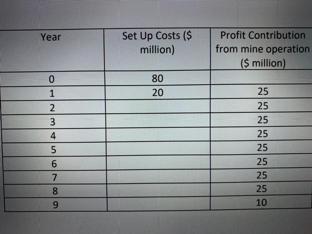 Year Set Up Costs ($ million) Profit Contribution from mine operation ($ million) 80 20 01 23 45 25 25 25 25 25 25 25 25 1