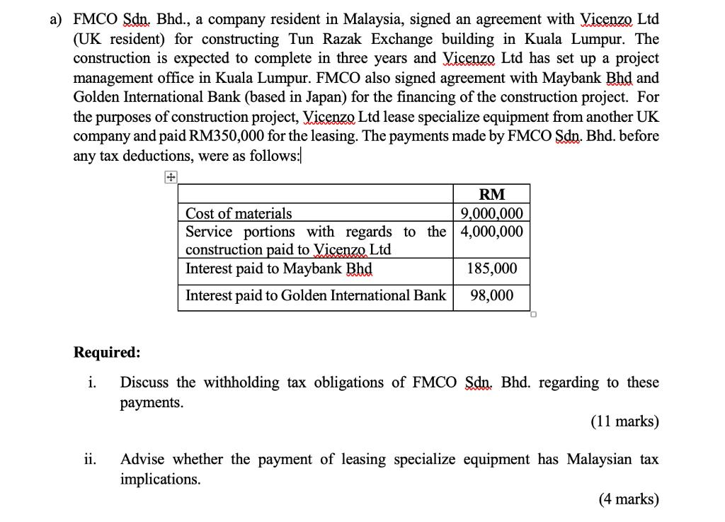 a) FMCO Sdn. Bhd., a company resident in Malaysia, signed an agreement with Vicenzo Ltd (UK resident) for constructing Tun Ra